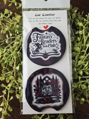 Fantasy Readers Book Club Car Coaster Set in Black - Literary Design